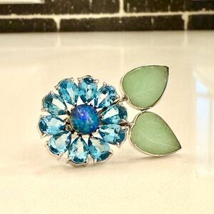 18k White Gold Opal, Blue Topaz & Aventurine Ring - 21 Grams!  Sz 6.25